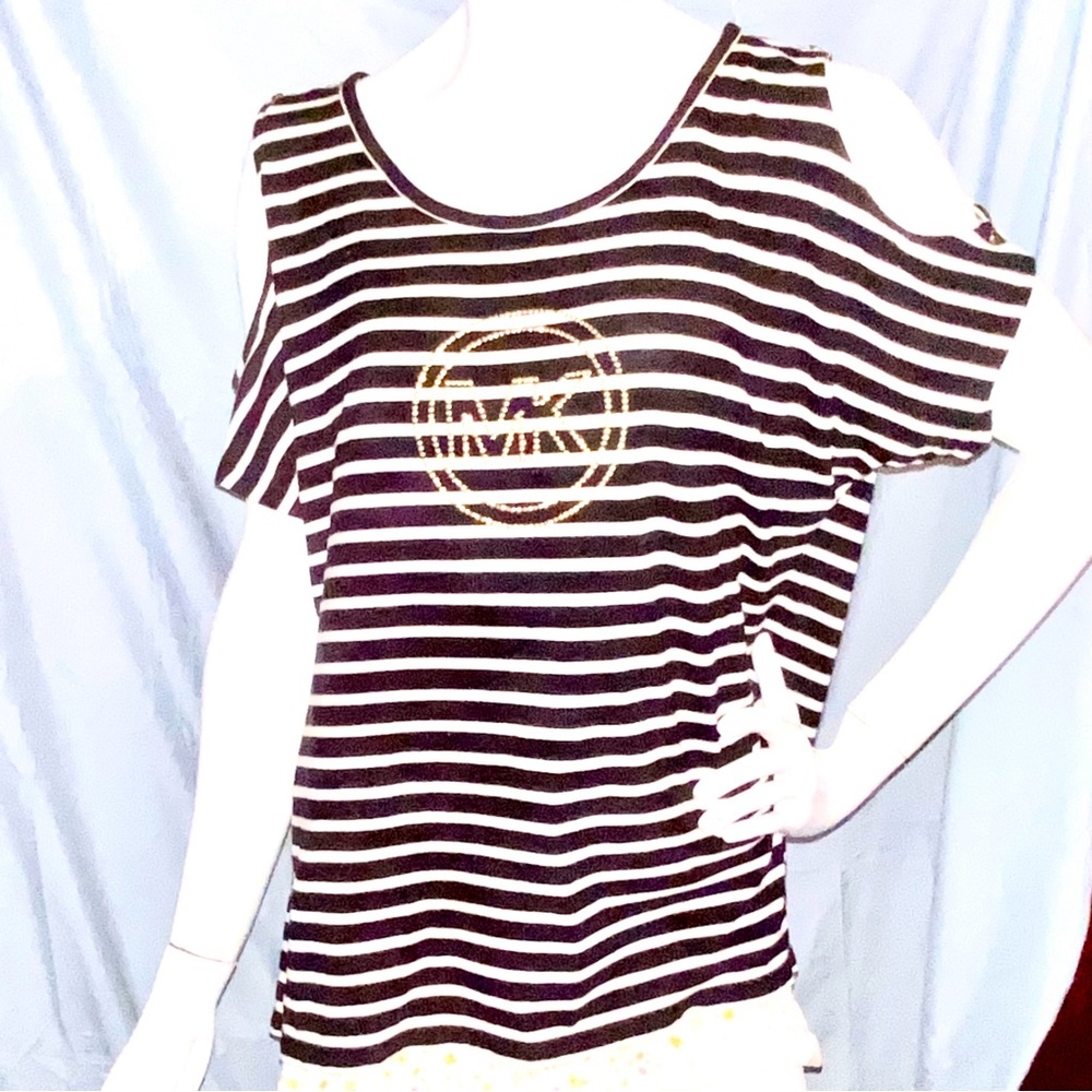 Michael Kors Collection Black and White Cold -Shoulder Striped Tee